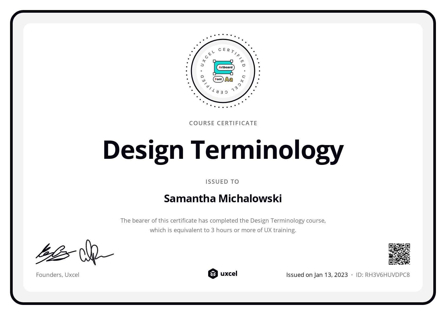 Samantha Michalowski's certificate